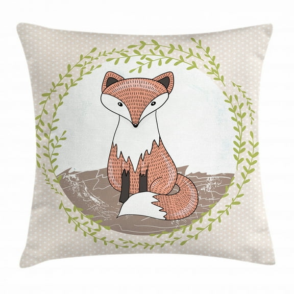 Fox Throw Pillow Cushion Cover, Young Forest Animal Illustration for Children with Green Leafy Framework and Polka Dots, Decorative Square Accent Pillow Case, 16 X 16 Inches, Multicolor, by Ambesonne
