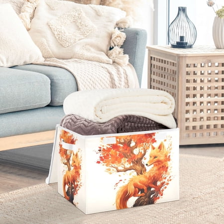 Fox Tree and Leaves Storage Basket Foldable Laundry Basket Shelf Kids Toy Storage Container Organizer with Handles
