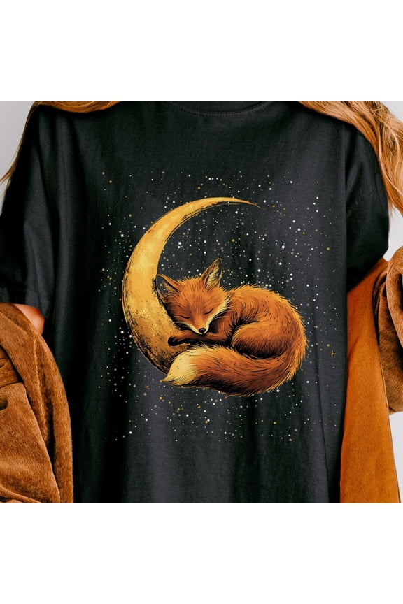 Fox Tshirt Crescent Moon Stars Graphic Tee Cute Sleeping Fox Animal Top Gift for Nature Lo