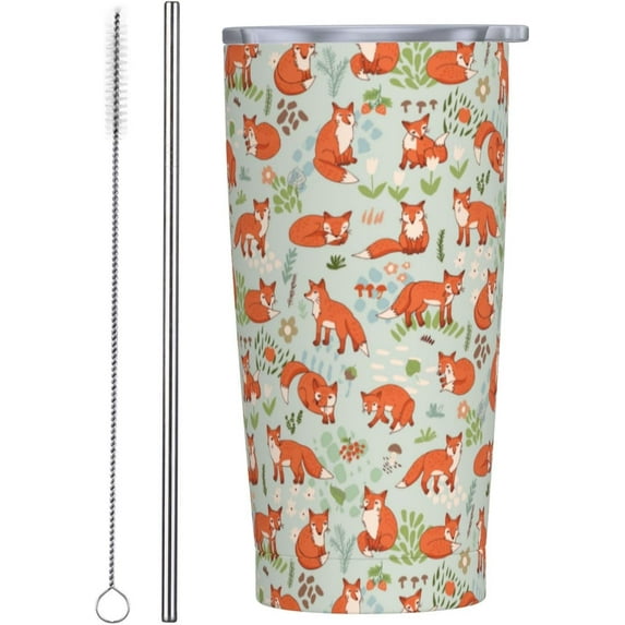 Fox Tumbler 20oz Cute Foxes Stainless Steel Insulated Tumblers with Lid and Straw Animal Travel Coffee Mug Tea Wine Cups Water Bottle Fox Gifts for Women