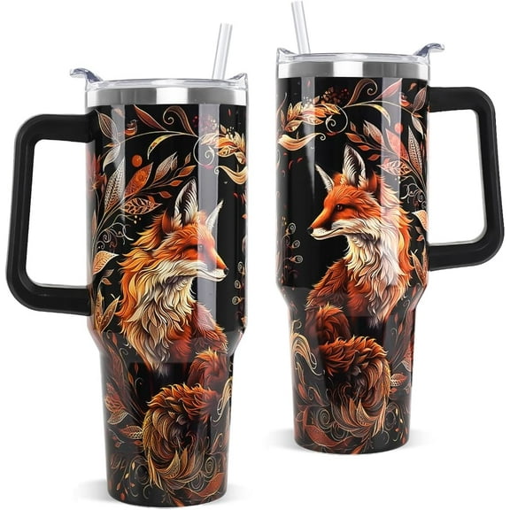 Fox Tumbler with Handle and Straw 40 OZ Fall Foxes Mandala Cup Coffee Travel Mug Stainless Steel Insulated Water Bottle Fox Stuff Lovers Fall Autumn Decor Gifts for Women