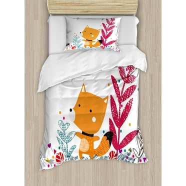 Fox Twin Size Duvet Cover Set, Cute Little Fox Character Colorful Geometric Spring Field Have a Nice Day Text Dots, Decorative 2 Piece Bedding Set with 1 Pillow Sham, Multicolor, by Ambesonne