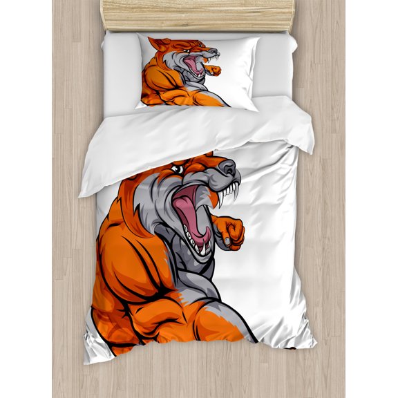 Fox Duvet Cover Set, Muscular Fierce Fox Character Intense Sports Animal Mascot Punching Monster, Decorative 2 Piece Bedding Set with 1 Pillow Shams, Twin Size, Orange Grey White, by Ambesonne
