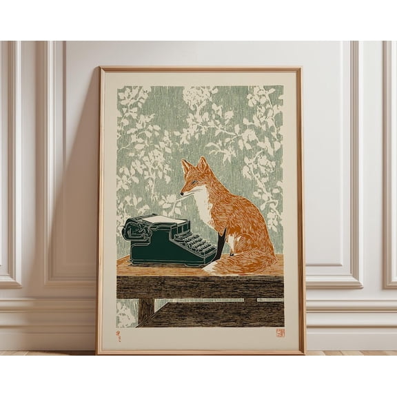 Fox Typewriter Green Illustration Wall Art, Unframed Paper Poster 8x10in