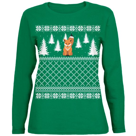 Fox Ugly Christmas Sweater Green Womens Long Sleeve T-Shirt