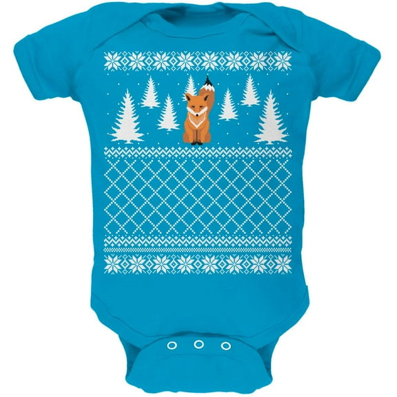 Fox Ugly Christmas Sweater Turquoise Soft Baby One Piece - 24 month