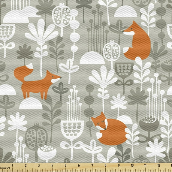 Ambesonne Fox Fabric by the Yard Upholstery, Doodle Style Forest Design, 1 Yard, Orange White