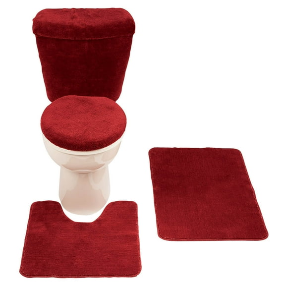 Bathroom Rug Set 5 Piece Nonslip with Contour Mat and Toilet Tank and Lid Covers, Burgundy