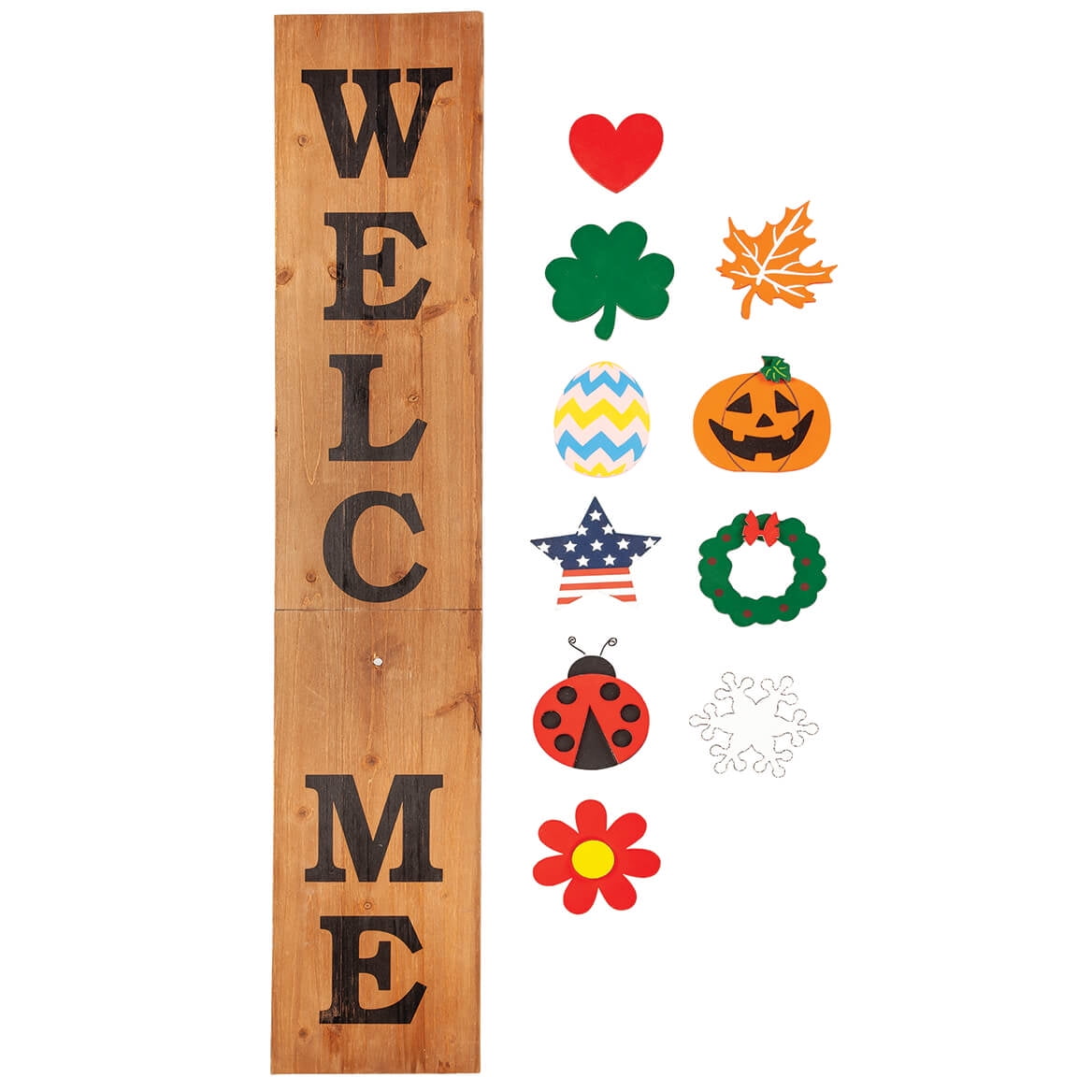 Rustic Brown Wooden Welcome Sign with Interchangeable Holiday Shapes