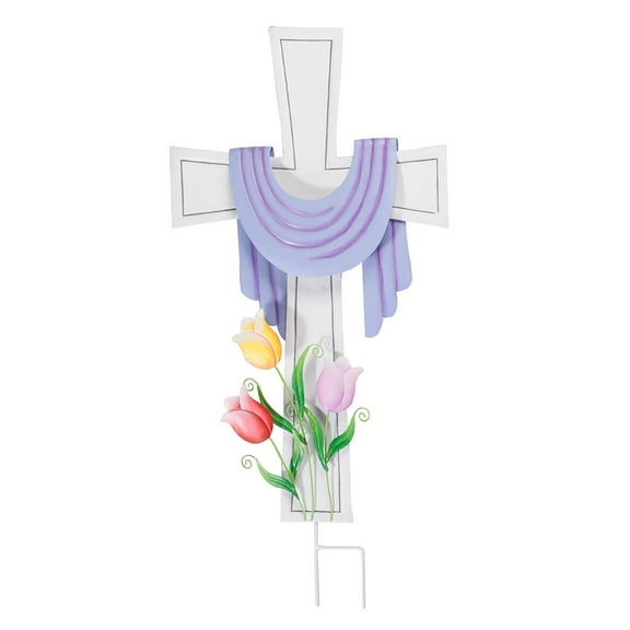 Metal Easter Cross with Purple Lenten Scarf, Garden Décor Stake – 15” Wide x 28” High
