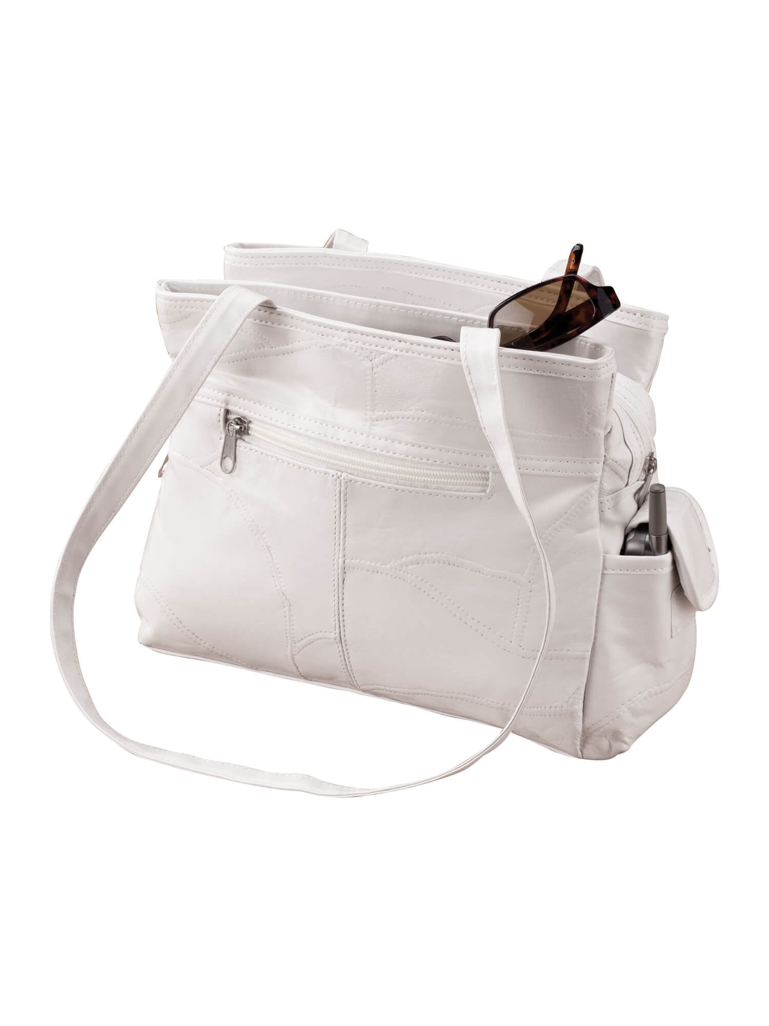 Womens Leather Handbag with Double Shoulder Straps, 3 Interior Pockets & 4 Exterior Pockets, White