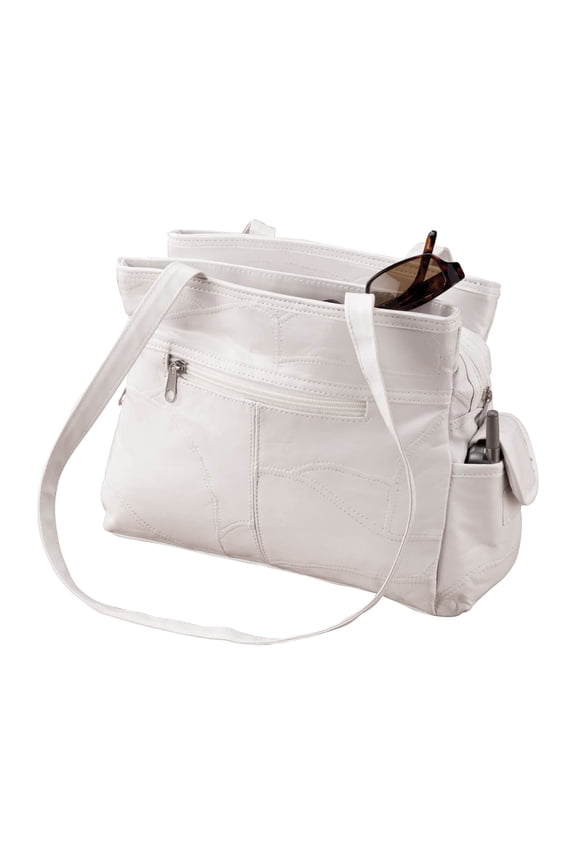 Womens Leather Handbag with Double Shoulder Straps, 3 Interior Pockets & 4 Exterior Pockets, White