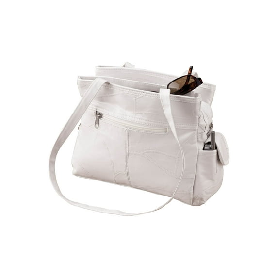 Womens Leather Handbag with Double Shoulder Straps, 3 Interior Pockets & 4 Exterior Pockets, White