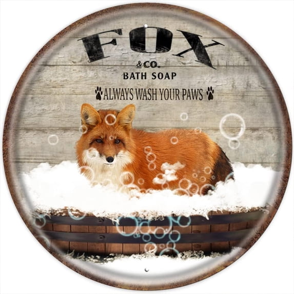 Fox Vintage Round Tin Sign Retro Bath Soap Wash Your Paws Metal Tin Sign for Bar Club Family Bathroom Toilet Cafe Wall Decoration Housewarming Gift 12x12 Inches