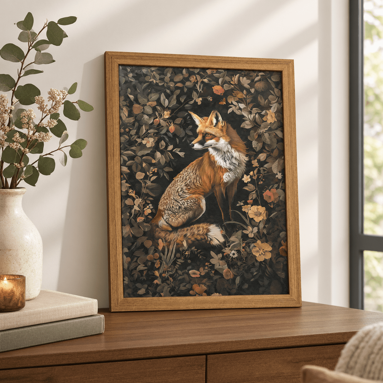 Fox Wall Art 16"L x 12"W Wood Framed Sandstone Textured Dark Woodland ...