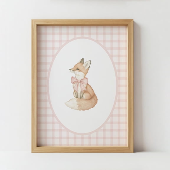 Fox Wall Art Poster, Pink Bow Woodland Art, Nursery Decor, Animal Portrait, Forest Nursery Poster, Gingham Frame, 8x12 UNFRAMED