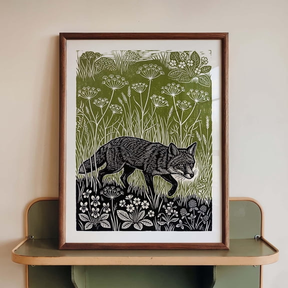 Fox Wall Art Print Woodland Fox Linocut Poster Olive Green Meadow Decor Folk Nature Wildlife Art