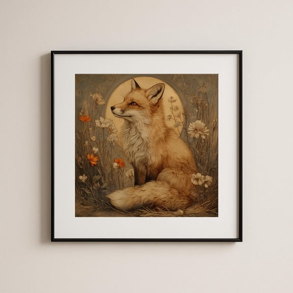 Fox Wall Print Square Wall Art Vintage Botanical Fox Cottagecore Woodland Animal Warm Neutral Rustic Nature Decor