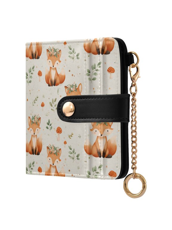 A Fox Wearing A Hat Made Of Wildflowers Small Wallet for Women RFID Blocking Bifold PU Leather Credit Card Holder with Zipper Coin Pocket Compact Cute Travel Purse Magnetic Snap 7 Card Slots