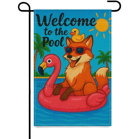 Fox Welcome to Our Pool Garden Flag Double Sided Flamingo Swimming Ring 12x18 Inch Outdoor Yard Summer Decoration