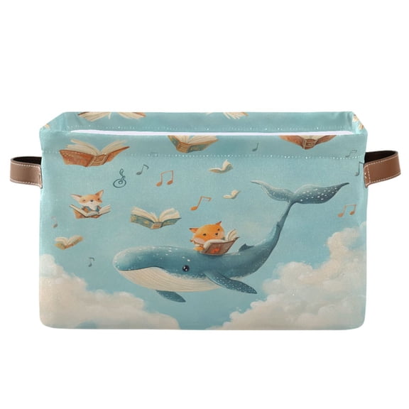 Fox and Whale Carrying Books Foldable Storage Basket,Canvas Fabric Foldable Storage Bins with Handles Open Home Storage Bins Boxes for Toy Book Shelf Closet Baskets
