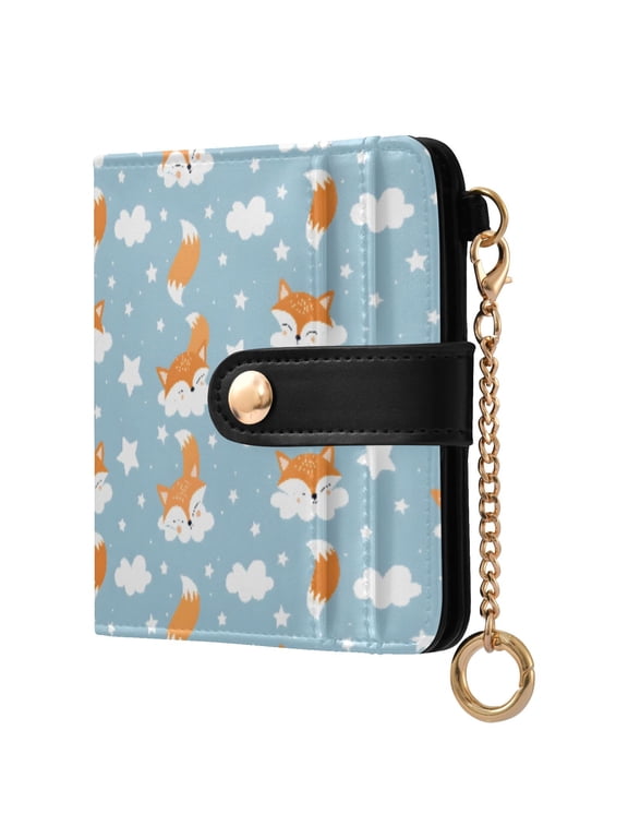Fox White Clouds Small Wallet for Women RFID Blocking Bifold PU Leather Credit Card Holder with Zipper Coin Pocket Compact Cute Travel Purse Magnetic Snap 7 Card Slots