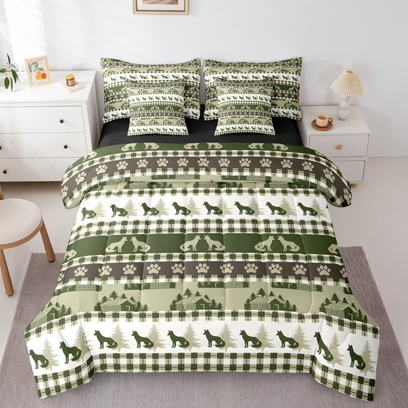 Fox Animal Comforter Set King Size,Rustic Cabin Lodge Bed in a Bag Teens,Green Gray Classic Bed Set,Geometric Patchwork Reversible Bed Sets with Sheet Set,Warm