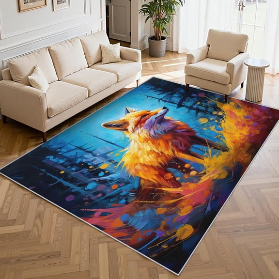 Fox Wildlife Area Rugs, Orange Oil Painting Woodland Animal Pattern Carpet, Washable Non Slip Low Pile Soft Rug for Living Room Bedroom Decor Mat 2x3ft