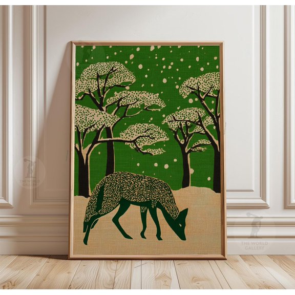 Fox Winter Poster Green Snow Forest Art Minimal Animal Nature Decor, Unframed Poster
