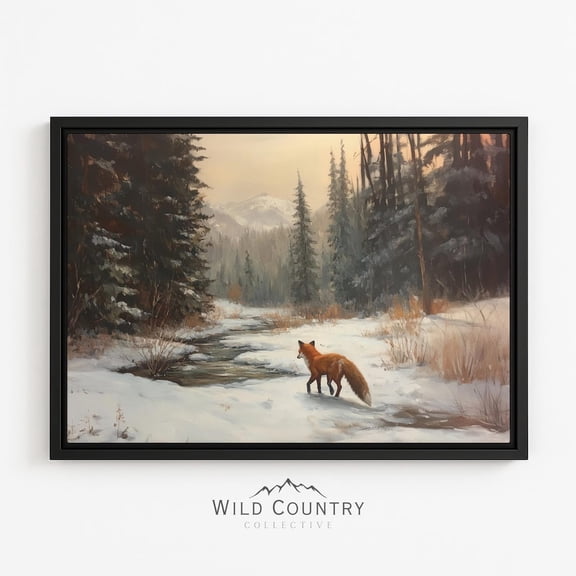 Fox Winter Snowy Forest Scene Mountains Painting Poster