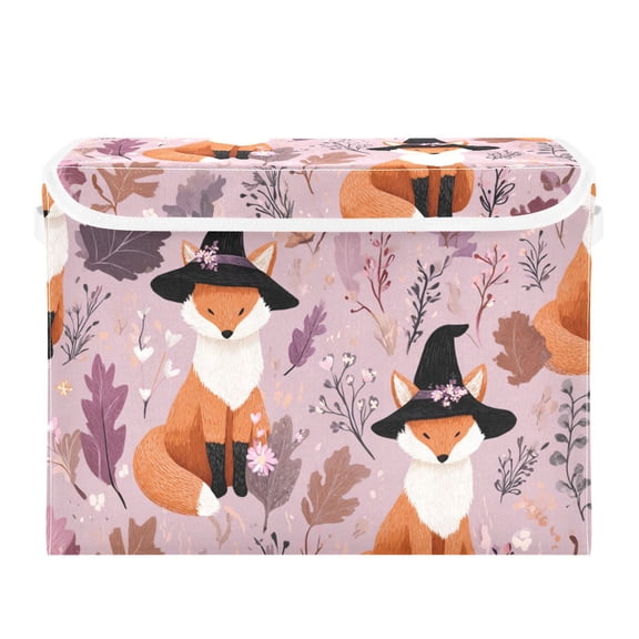 Fox with Witch Hat Purple Jungle Halloween Foldable Storage Bins with Lids Handles Collapsible Storage Containers Tote Boxes 16.5 x 12.6 x 11.8 inches