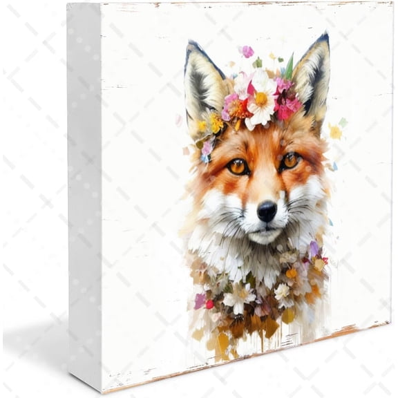 Fox With Flower Wreathes Wooden Box Sign Table Decor Rustic Farmhouse Square Desk Decor Sign For Shelf Woodland Animal Wood Block Signs Boho Decor 5x5 Inches