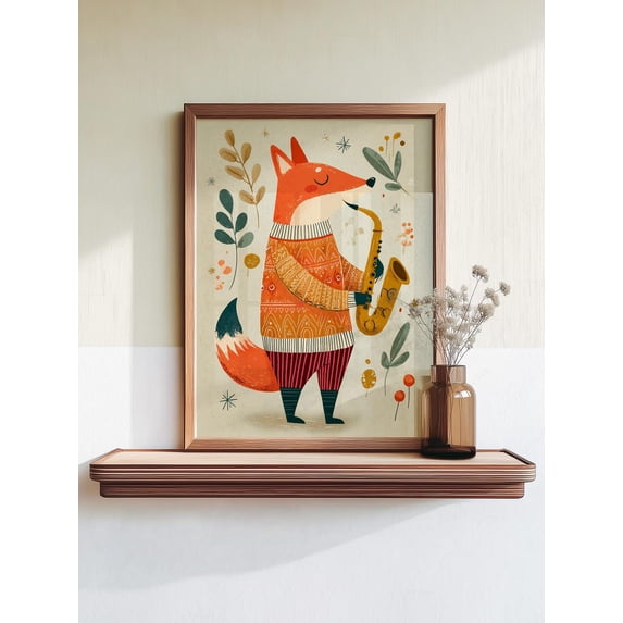 Samophone Fox With Saxophone Whimsical Animal Illustration Folk Art Style Nursery ...