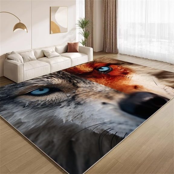 Fox Wolf Area Rugs, Half Fox Half Wolf Art Pattern Carpet, Washable Non Slip Low Pile Soft Rug for Living Room Bedroom Decor Mat 2ftx3ft