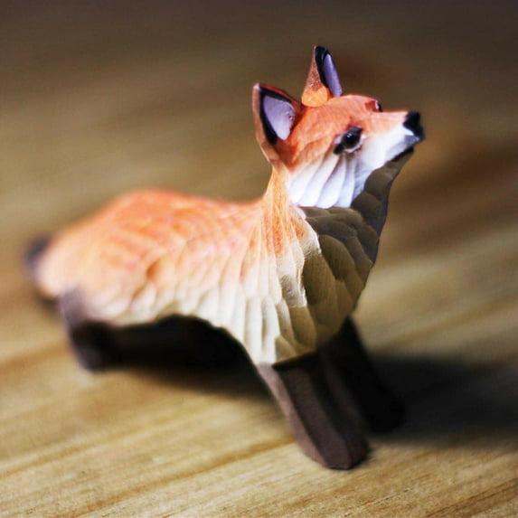 Fox Wood Art Figurine Handmade Unique Original Art Carving Work Statue Decor Small Animal Sculpture Art Wood Carving Miniature (Standing)