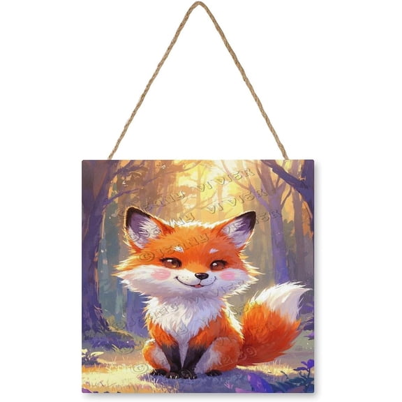 Fox Wood Sign with Hanging String, 12x12 Inch,Animal Wall Decor for Nursery Kids Room Bedroom Kitchen Porch