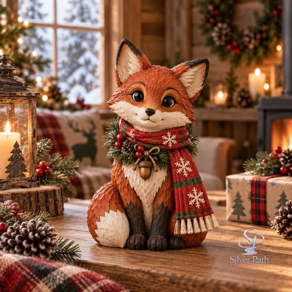Fox Wooden Block 3 Layer, Red Scarf and Pine Wreath Shelf Display for Woodland Christmas Gifts