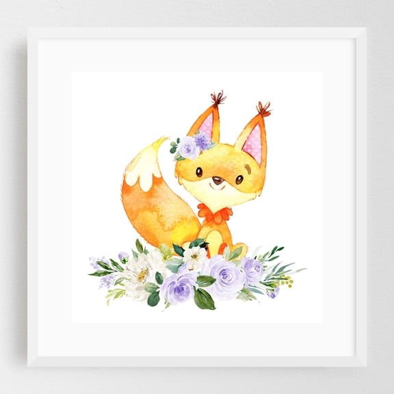 Fox, Woodland Animals, Forest Animals, Boho, Blue Flowers, Boy Nursery - Illustration Watercolor Fox Whimsical Floral Animal Flowers White Framed Wall Art Print 20 x 20 inches