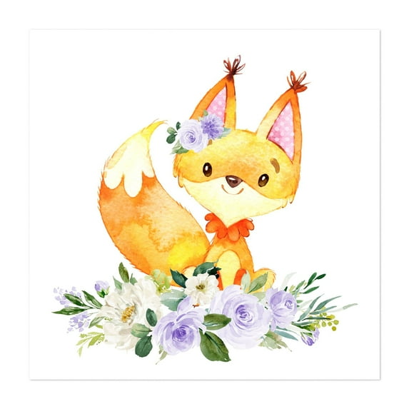 Fox, Woodland Animals, Forest Animals, Boho, Purple Flowers, Gender Neutral Nursery - Illustration Fox Watercolor Whimsical Floral Animal Unframed Wall Art Print 30 x 30 inches