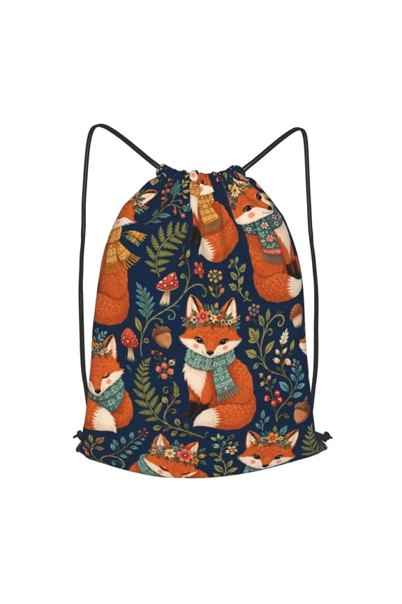 Fox Woodland Folk Pattern Drawstring Backpack Gym String Bag Sports Sackpack Cinch Sack, S