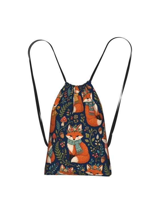 Fox Woodland Folk Pattern Packable Drawstring Backpack, Lightweight Foldable Cinch Storage Bag for Gym Travel Shopping