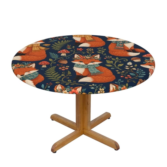 Fox Woodland Folk Pattern Round Fitted Tablecloth Elastic Edged Table Cloth Waterproof Table Cover,S,40"-50"