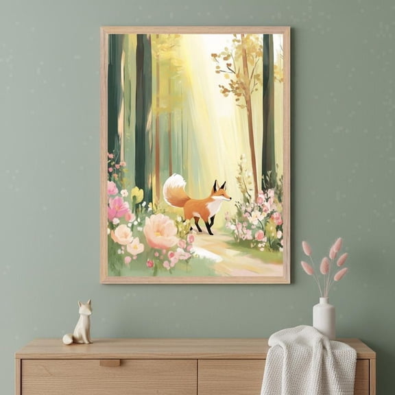 Fox Woodland Forest Nursery Decor Illustration Cottagecore Floral Wall Art Print