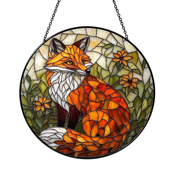 Fox Woodland Forest Scene Stained Glass Style Window Suncatcher Hanging, Wildlife Decorative Glass Panel Art Ornament for Nature Inspired Home Decor