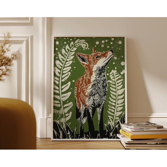 Fox Woodland Green Illustration Wall Art Print, Unframed Paper Poster 24x36in