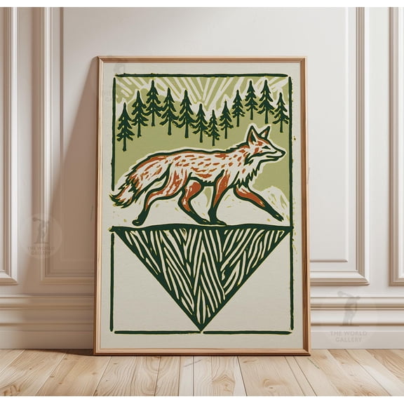 Fox Woodland Poster, Linocut Animal Art, Forest Paper Print, Poster Only