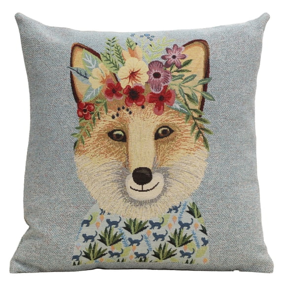 Fox Woodland Woven Decorative Pillow, 17 x 18 in, Cotton Polyester Sewn Closed Decor for Reading Nook