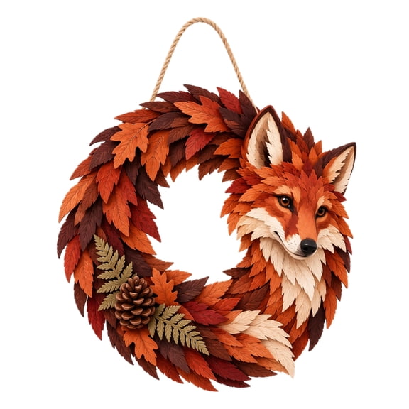 Fox Wreath Metal Hanging Sign, 2D Flat Iron Wall Hanging Decor, Autumn Leaf Pinecone Animal Door Hanger, Rustic Fall Themed Front Door Wall Art for Porch Home Decor
