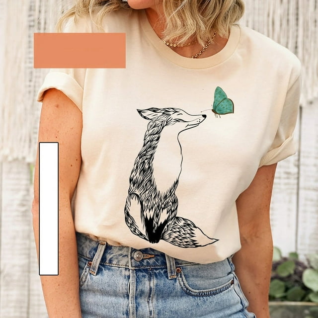 Fox and Butterfly T-Shirt, Vegan Friendly Shirt,Light Pink color,size 4XL