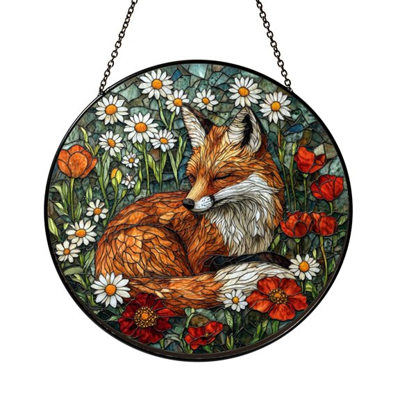 Fox and Flower Meadow Window Hanging, Stained Glass Suncatcher Gift for Wildlife Fans